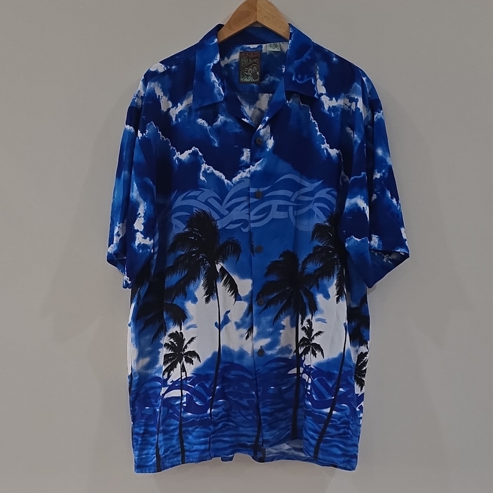 Aloha Pineapple Connections Men's Rayon Palm Print Blue Short Sleeve Shirt XL